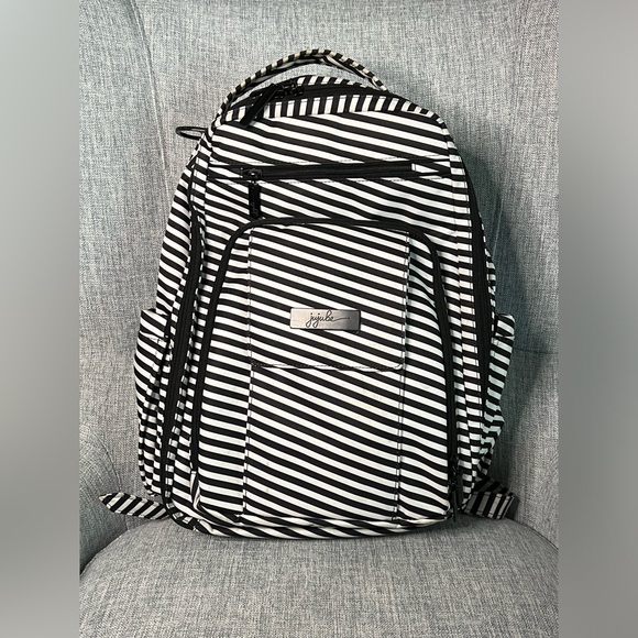 Ju-Ju-Be Be Right Back Black and White Striped Diaper Bag Backpack - Picture 1 of 16